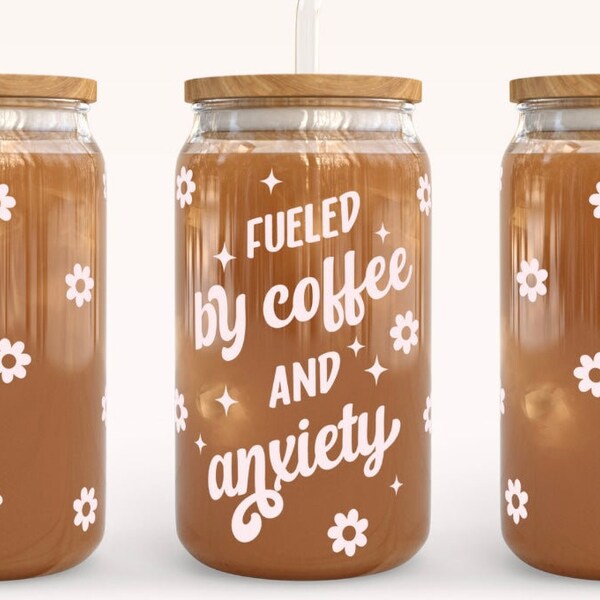 Fueled By Coffee And Anxiety Cup, Cute Coffee Tumbler, Funny Glass Tumbler, Gift For Her, Coffee Lover Cup