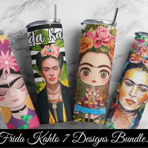 Puede incluir: Conjunto de siete vasos de acero inoxidable coloridos con diversas ilustraciones de Frida Kahlo. Los vasos presentan una variedad de estilos, incluyendo un estilo de dibujos animados, un estilo realista y un estilo más abstracto. Los vasos están todos decorados con flores y otros elementos inspirados en la cultura mexicana.