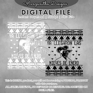 Peut inclure: Conception numérique en noir et blanc d'un pull de Noël avec le texte "Ya llegaron las nieves de enero" qui se traduit par "Les neiges de janvier sont arrivées".