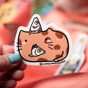 Cat with Asian Food Waterproof Sticker Matte Sticker Hand Drawn Vinyl Sticker 2.5" Fish