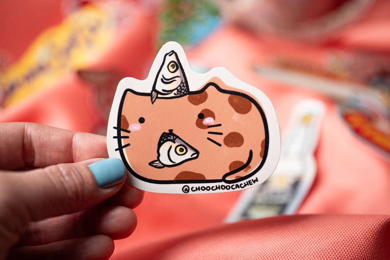 Cat with Asian Food Waterproof Sticker Matte Sticker Hand Drawn Vinyl Sticker 2.5" Fish