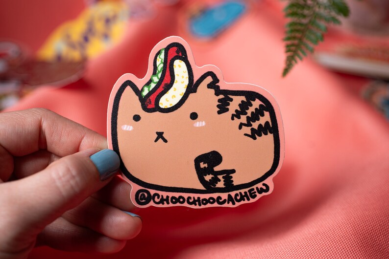 Cat with Asian Food Waterproof Sticker Matte Sticker Hand Drawn Vinyl Sticker 3" Taiwanese Sausage