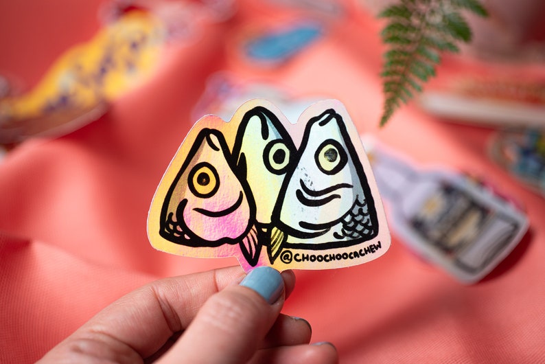 Milk Fish Heads 2.5 Waterproof Sticker Glossy Holographic Sticker Hand Drawn Vinyl Sticker image 1