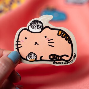 Cat with Asian Food Waterproof Sticker Matte Sticker Hand Drawn Vinyl Sticker 2.5" Bao