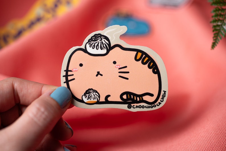 Cat with Asian Food Waterproof Sticker Matte Sticker Hand Drawn Vinyl Sticker 2.5" Bao