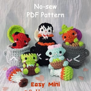 May include: A collection of handmade, mini Halloween-themed crochet characters, including a vampire, Frankenstein's monster, and a pumpkin, displayed with a cauldron and a mushroom. The text "No-sew PDF Pattern" and "Easy Mini Halloween" are visible.