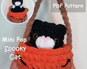 NO-SEW Mini Pop Spooky Cat Crochet Pattern, Boo Kitty in Pumpkin basket, Jack O' Lantern Halloween Pattern, Amigurumi English PDF file