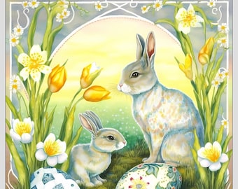 Ostara Altar Art: Rabbits, Painted Eggs & Spring Tulips