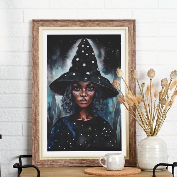 Witchy Art Print - Portrait of a Witch - Watercolor style art print - floral hair - dark art - gothic art - african american poc