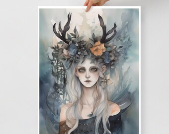 Lámina artística de la diosa Eostre: Altar de brujas, cabello floral, gótico pagano celta