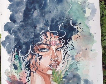 Original Black Witch Watercolor Painting: Spring Goddess Sigil Art
