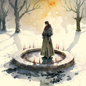 Imbolc Altar Art - Solitary Witch In A Stone Circle With Candles - Pagan Wiccan Witch Sabbat - Brigid - Sacred Art