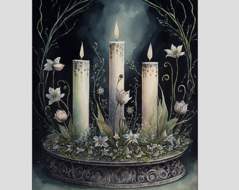Imbolc Altar Art - Altar Candles With Snowdrop Flowers - Pagan Wiccan Witch Sabbat - Brigid - Candlemas
