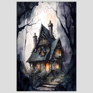 May include: A dark green, gothic-style house with a pointed roof and many windows. The house is surrounded by trees and bushes, and there is a path leading up to the front door. The windows are lit up, and the house is set against a foggy background.