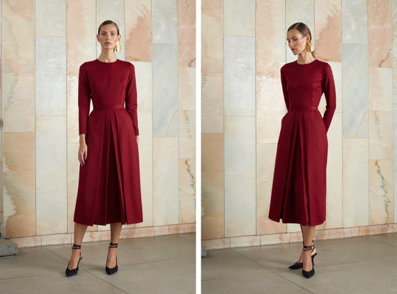 Red Burgundy Classic Pleated Skirt Dress Tilda. Quality Viscose Fabric. Midi Office Dress. Flared Dress. Elegant Long Sleeve Dress for Work Etsy