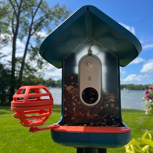 May include: A blue bird feeder with a clear plastic front and a black metal pole. The feeder has a red, round, cage-like object attached to the side. A white security camera is mounted inside the feeder.