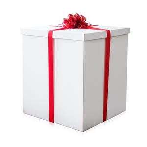 May include: A large, white gift box with a red ribbon and bow. The box is square and has a lid. The red ribbon is wrapped around the box and tied in a bow on top. The bow is a deep red color.