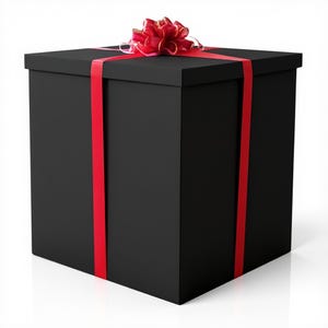 May include: A large, black gift box with a red ribbon and bow. The box is square and has a matte finish. The red ribbon is wrapped around the box and tied in a bow on top.
