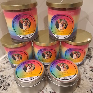 Może przedstawiać: Sześć świec z tęczowymi etykietami i złotymi pokrywkami. Etykiety przedstawiają psa z kwiatową koroną i tekst "Alphonse's Candles Pride Champagne | Grapefruit | Orange Natural Soy Wax Limited Edition".