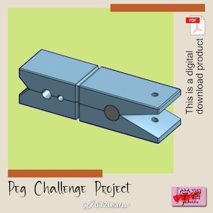 Pode incluir: Modelo 3D azul claro de um pregador de roupa de madeira, com o texto "Peg Challenge Project" e "This is a digital download product". O fundo é verde claro.