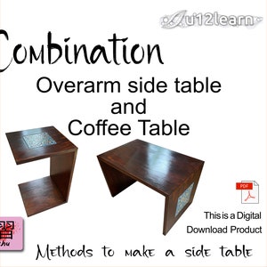 May include: Two wooden side tables, one with a curved design and a mosaic tile top, the other with a straight design and a plain top. The tables are both dark brown and have a polished finish. The image includes the text "Combination Overarm side table and Coffee Table" and "This is a Digital Download Product".