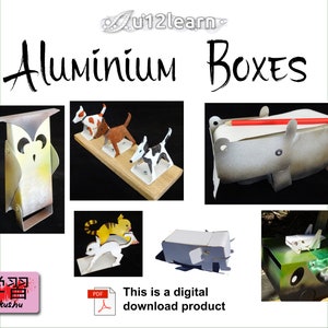 May include: A digital download product for making aluminum boxes. The image shows several examples of finished boxes, including an owl, a dog, a cat, a rhino, and an elephant. The boxes are made from aluminum and are decorated with paint and paper. The text "This is a digital download product" is also included in the image.