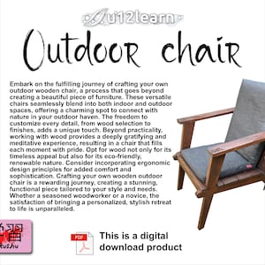 Puede incluir: Una silla de exterior de madera con un cojín gris. La silla tiene un diseño simple y moderno con un acabado de madera natural. El texto "Outdoor chair" está escrito en cursiva negra sobre la silla. El texto "This is a digital download product" está escrito en negro debajo de la silla.