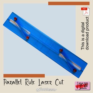 May include: A blue parallel rule with red dots and white lines. The rule is designed for laser cutting. The text "Parallel Rule LASER Cut" is written below the rule. The text "u12learn" is written below the text "Parallel Rule LASER Cut". The text "learning 学習 gakushu" is written in a red box in the bottom right corner of the image. The text "PDF" is written in a white box with a red border in the top right corner of the image. The text "This is a digital download product" is written vertically on the right side of the image.