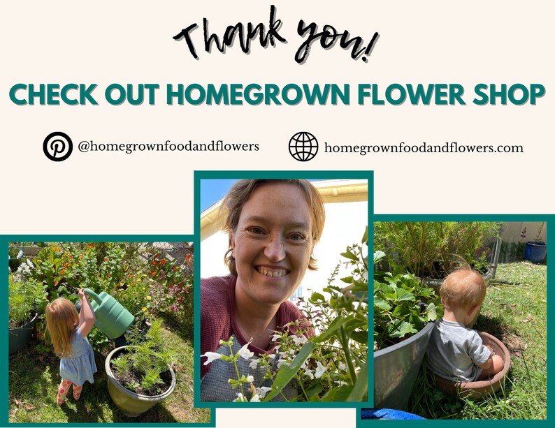 Może przedstawiać: Kobieta uśmiecha się do selfie w ogrodzie, gdzie dziecko podlewa rośliny. Tekst "CHECK OUT HOMEGROWN FLOWER SHOP" znajduje się w g&oacute;rnej części obrazu. Tekst "@homegrownfoodandflowers" i "homegrownfoodandflowers.com" znajduje się pod tekstem.