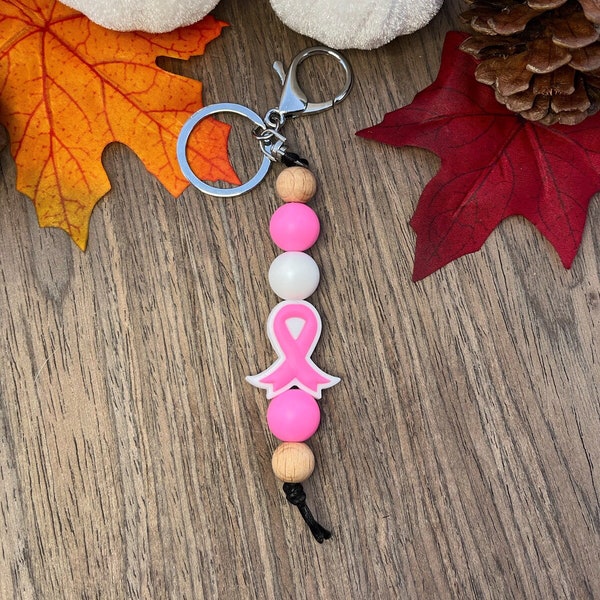 Porte-clés de sensibilisation au cancer du sein | Porte-clés rose et blanc | Porte-clés perlé en silicone | Porte-clés ruban rose | Cadeaux pour les amis de la famille |