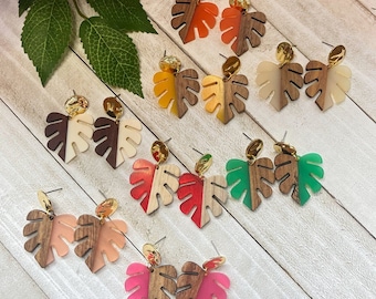 Gold Colorful Wooden Monstera Leaf Earrings | Wood Resin Earrings for Women | Summer Plant Earrings | Plant Lovers Flowers Greenery Nature