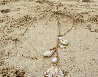 Cascadeketting schelp | Gouden schelp bedelketting | Coastal statement-ketting | Strandsieraden | Op de oceaan geïnspireerde sieraden | Parel en schelp