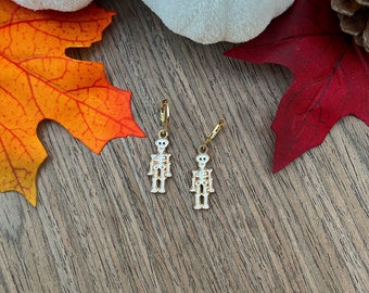 Gold Skeleton Huggie Hoop Earrings | Dainty Minimal Earrings | Fall Halloween Skeleton Earrings | Gold Jewelry | Stainless Steel