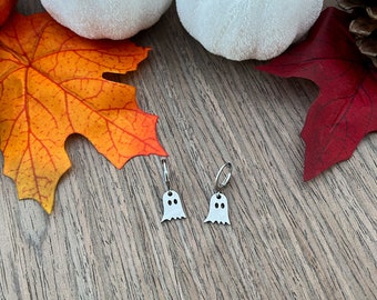 Stainless Steel Ghost Huggie Hoop Earrings | Halloween Fall Costume Jewelry | Fun Festive Jewelry for Fall Autumn | Silver Ghost Earrings |