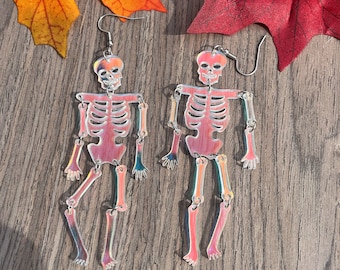 Holographic Acrylic Skeleton Earrings | Dangle Skeleton Earrings | Halloween Large Skeleton Parts Earrings | Spooky Season Dangle Earrings |