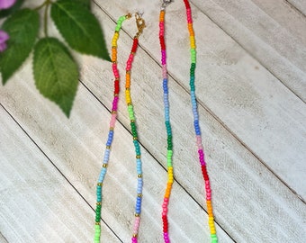 Rainbow Seed Bead Necklace | Summer Necklaces for Women | Colorful Vibrant Simple Necklace | Necklaces for Layering | Y2K Trendy Jewelry