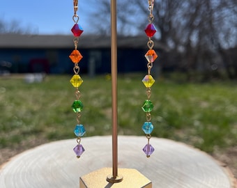 Glass Rainbow Beaded Earrings | Rainbow Color Earrings | Gold Jewelry | Dangle Long Earrings | Colorful Shiny Summer Earrings |