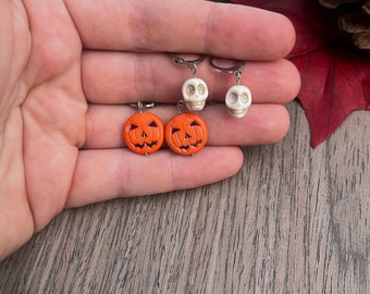 Pumpkin Skeleton Huggie Hoop Earrings | Minimalist Earrings Halloween | Stainless Steel | Lightweight Stackable Earrings | Costume Jewelry |