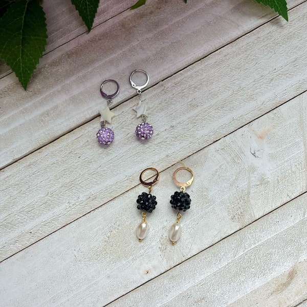 Pearl Rhinestone Ball Earrings | Sparkling Huggie Hoop Earrings for Women | Gold Silver Huggie Hoop Earrings | Purple and Black Earrings |
