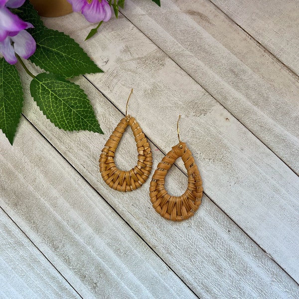 Rattan Woven Earrings | Brown Straw Teardrop Woven Earrings | Gold Earrings for Women | Light Brown Woven Earrings