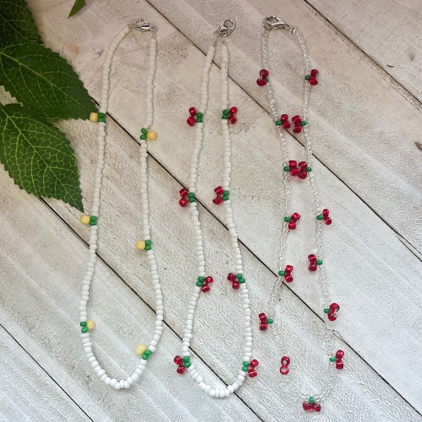 Summer Fruit Necklace | Cherry Lemon Seed Bead Necklace | White Clear Seed Bead | Fruit Necklaces | Choker Necklace | Chic Trendy |