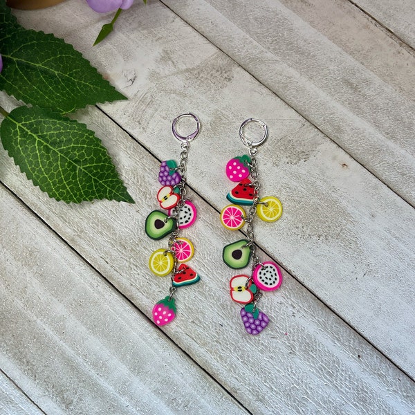 Fruit Salad Huggie Hoop Earrings | Summer Fruit Earrings | Strawberry Lemon Watermelon Earrings | Silver Fruit Dangle Earrings |