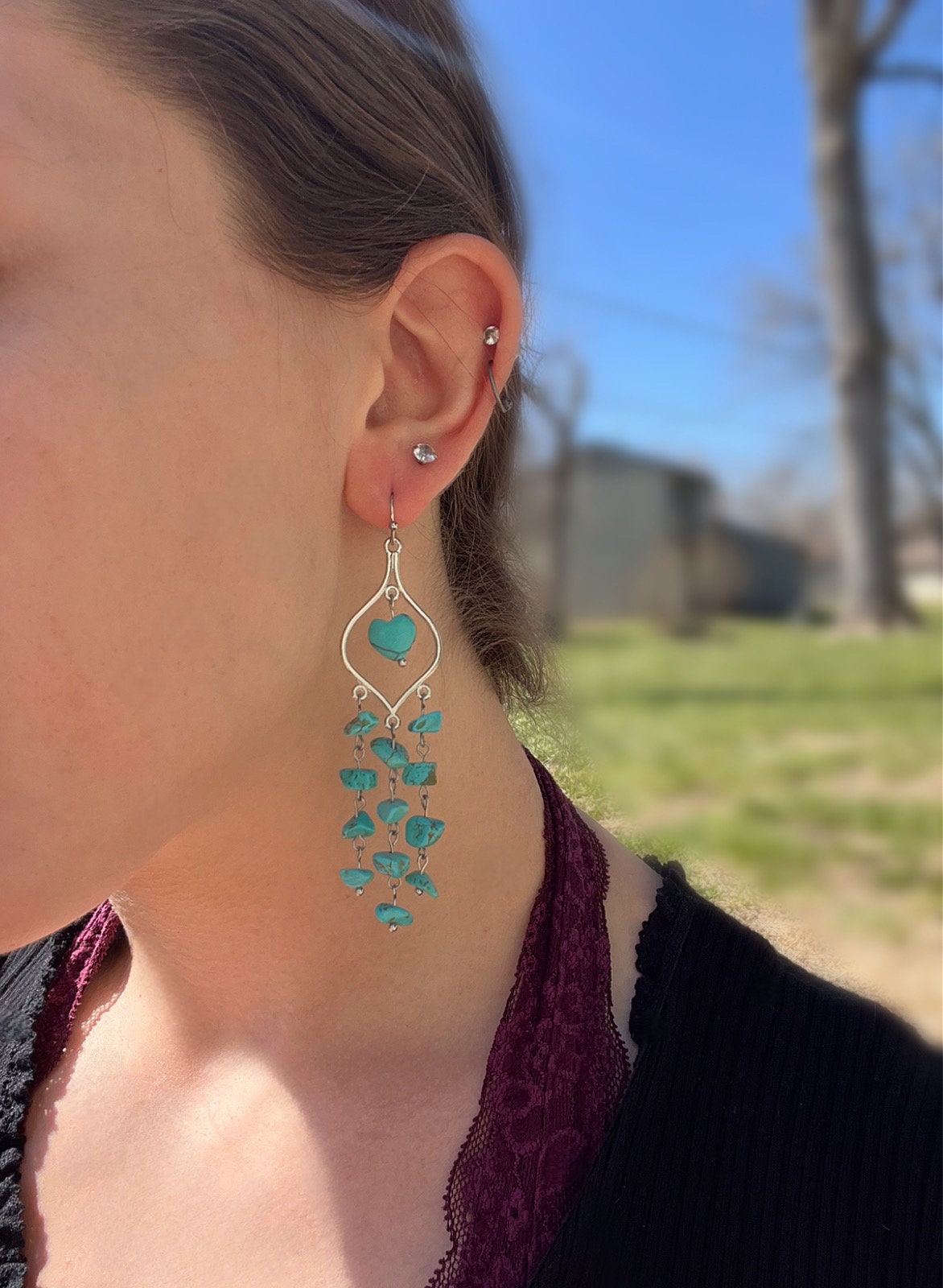 Faux Turquoise Stone Dangle Earrings Large Statement Dangle