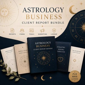 Puede incluir: Un conjunto de plantillas de informes de clientes para negocios de astrología. El libro principal es azul marino con texto dorado y un diseño de rosa de los vientos. Otros informes incluyen plantillas de carta natal, carta natal, sinastría y retorno solar. Elementos celestiales y astrológicos.