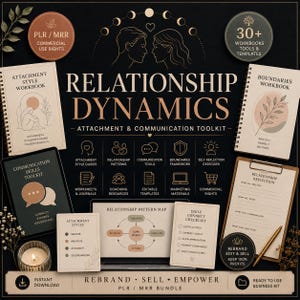 May include: A digital product bundle titled Relationship Dynamics featuring workbooks, toolkits, and templates. The set includes spiral-bound guides, a clipboard with reflection sheets, and cards detailing attachment styles and communication checklists.