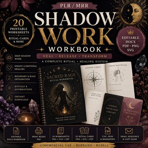 May include: A digital shadow work workbook set featuring a spiral-bound cover with a celestial figure, 20 printable worksheets, ritual cards, and text including Sacred Rage Ritual Workbook, Heal, Release, Transform, and editable file formats.