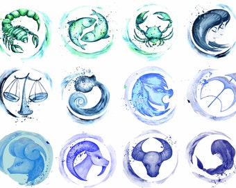 Zodiac aquarel clipartset: hoge resolutie png (digitale download)