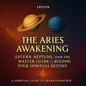 Può includere: Copertina di ebook a tema celeste. Presenta un pianeta dorato con anelli e un pianeta blu su uno sfondo scuro sfumato. Il titolo "THE ARIES AWAKENING" è in evidenza, con testo sul destino spirituale.