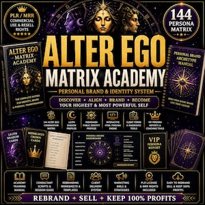 Könnte beinhalten: Ein digitales Produktpaket mit dem Titel Alter Ego Matrix Academy für ein persönliches Marken- und Identitätssystem. Enthält ein Handbuch, Karten, Arbeitsblätter und ein Dashboard mit goldenem Text auf dunkelviolettem Grund mit Sternmotiven.