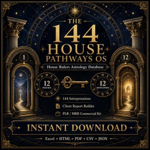 Peut inclure: Un produit numérique intitulé The 144 House Pathways OS, avec une clé dorée, deux cartes astrologiques circulaires et des arches architecturales. Le texte inclut House Rulers Astrology Database, 144 Interpretations, Client Report Builder, PLR/MRR Commercial Kit, Instant Download, et les formats de fichier Excel, HTML, PDF, CSV et JSON.